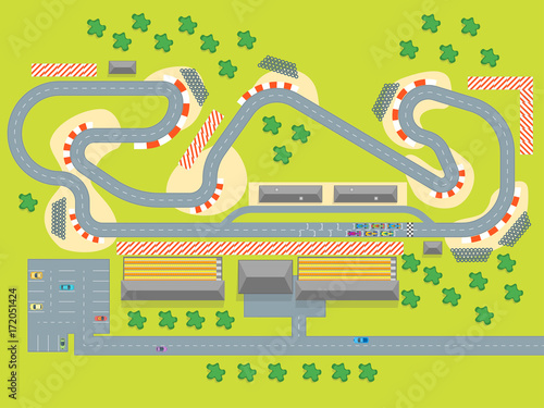 Cartoon Race Track with Cars Top View. Vector