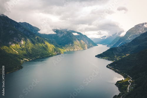 Fototapeta Naklejka Na Ścianę i Meble -  View to fjord and water from drone in Norway