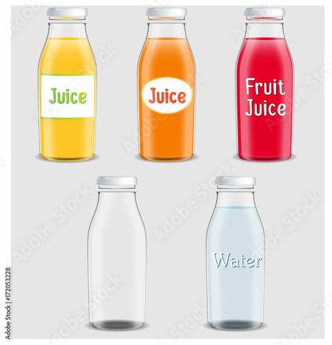 Juice products ad. Vector 3d illustration. Bottles template design. Fruit juice brand packages advertisement poster layout. Full and empty glass bottles