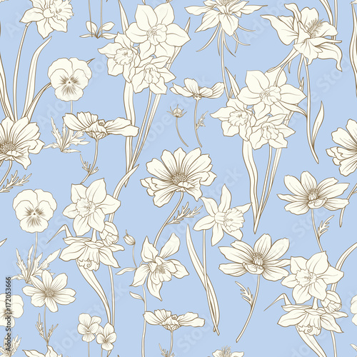 Colored floral seamless pattern with flowers in vintage style. S