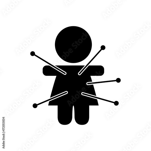 Icono plano muñeca vudú negro en fondo blanco