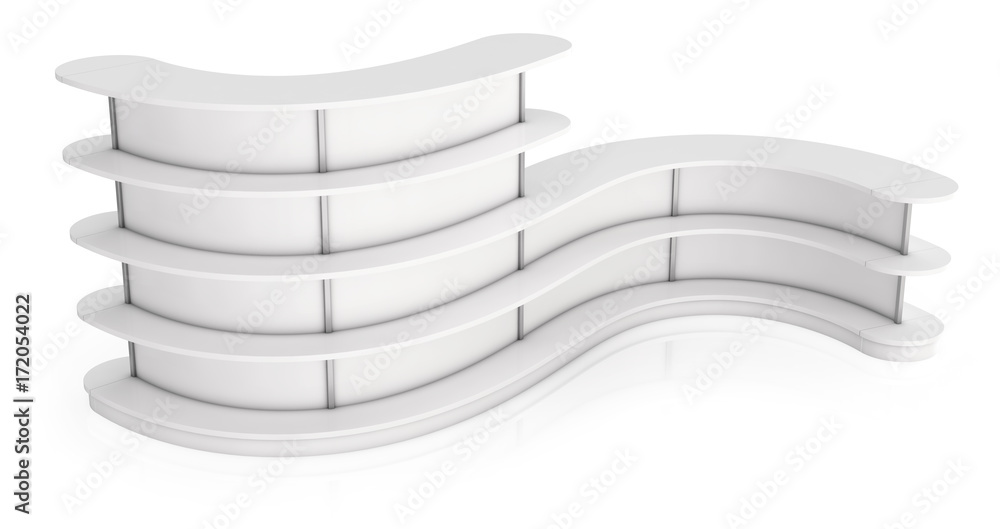 Curved shelving with shelves for exhibitions and sales. 3d image Curved shelving with shelves for exhibitions and sales. 3d image