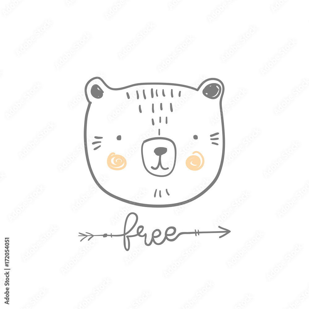 stylized outline hand drawn Illustration of cute bear head with free quote. design for kids print clothing textile cards and other