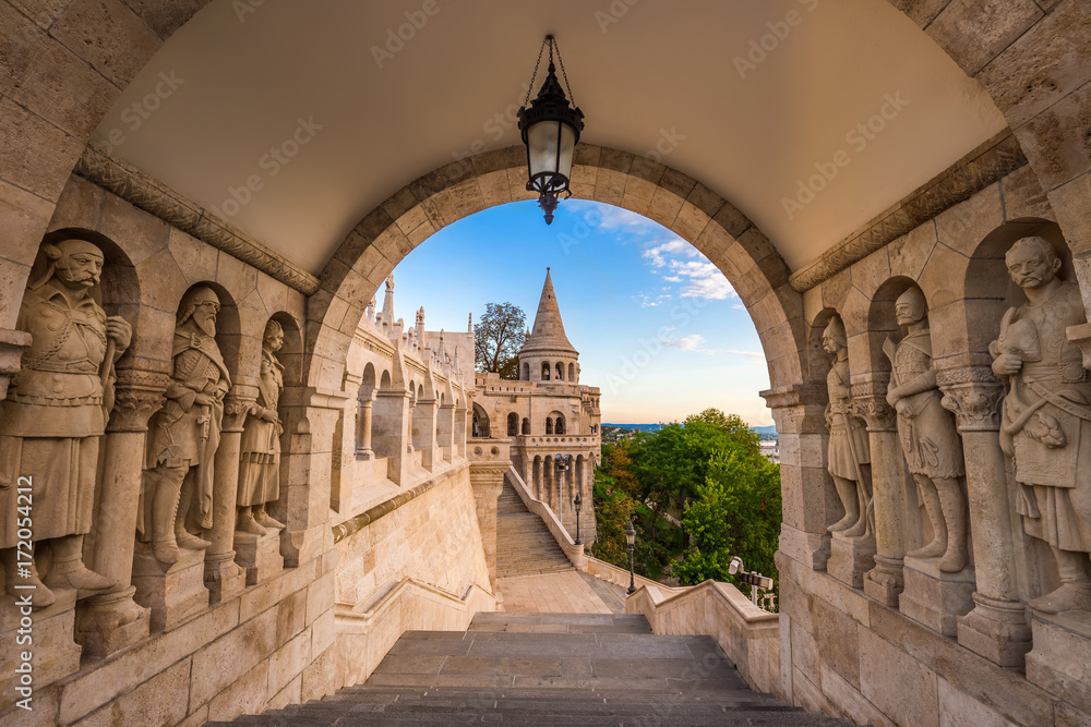 Budapest, Hungary - The guardians of the famous Fisherman Bastion on the Buda Hill in the morning