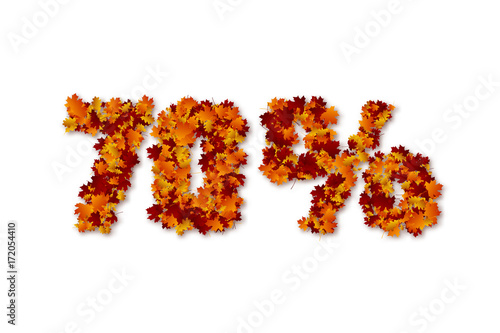 70 percent autumn leaves sale sign. Isolated on white background. Vector illustration.