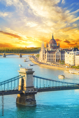 Beautiful view of the Hungarian Parliament and the chain bridge in Budapest, Hungary