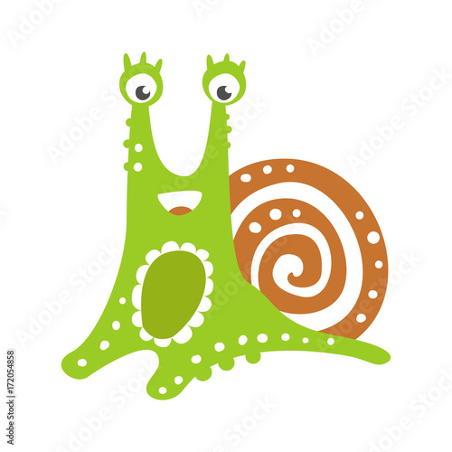 Cute friendly snail character, funny mollusk colorful hand drawn vector Illustration