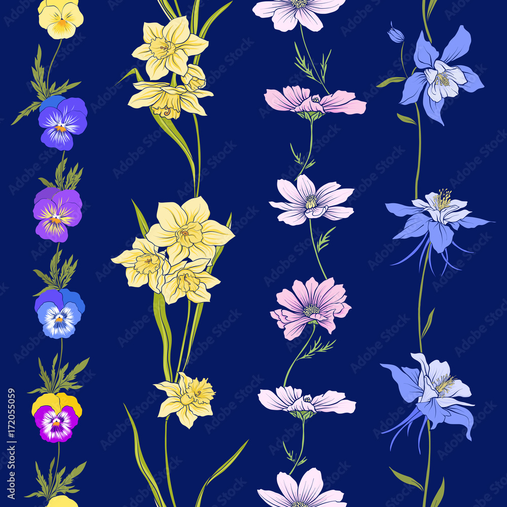 Outline floral seamless pattern with flowers in vintage style. S