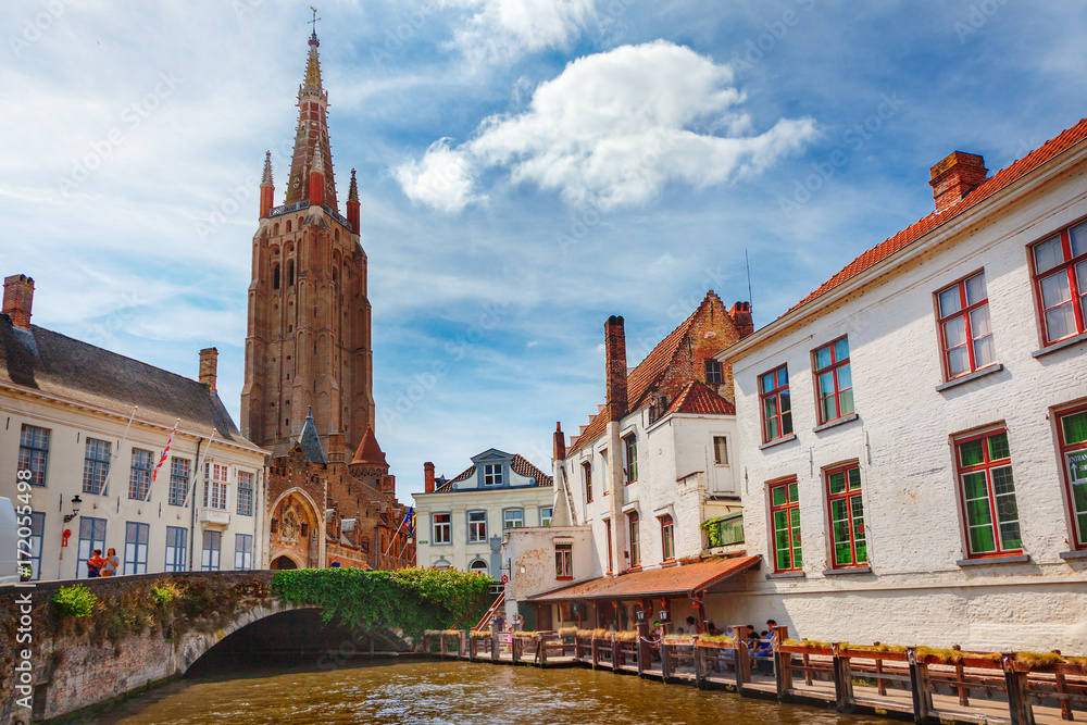 Canals of Bruges (Brugge). Church of Our Lady, Onze Lieve Vrouw Brugge