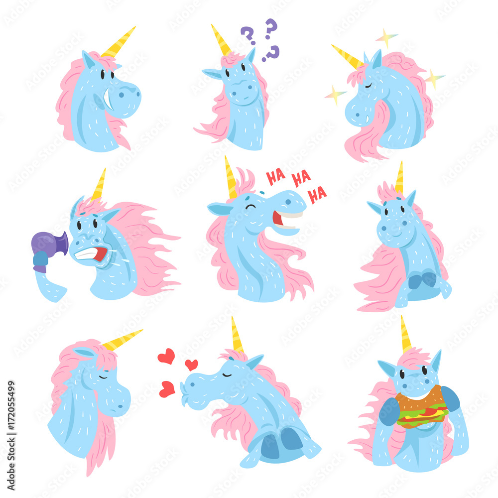 Cute unicorn characters set, funny mythical animals with different emotions set colorful vector Illustrations Cute unicorn characters set, funny mythical animals with different emotions set colorful vector Illustrations