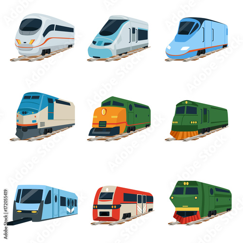 Retro and modern trains locomotive set, railway carriage vector Illustrations