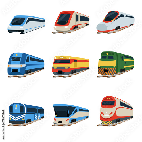 Train locomotive set, railway carriage vector Illustrations