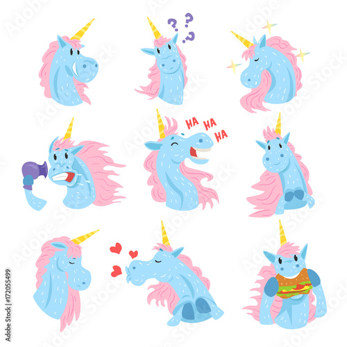 Cute unicorn characters set  funny mythical animals with different emotions set colorful vector Illustrations