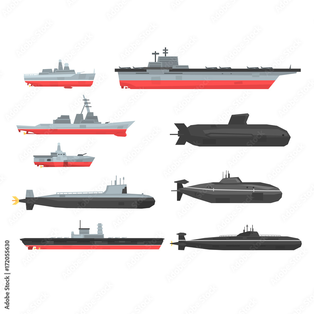 Fototapeta premium Naval combat ships set, military boats, ships, submarine vector Illustrations