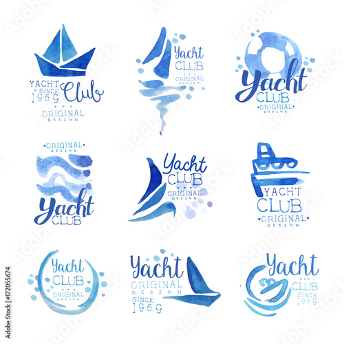 Yacht club since 1969 logo original design set, elements company logo, business identity blue watercolor vector Illustrations