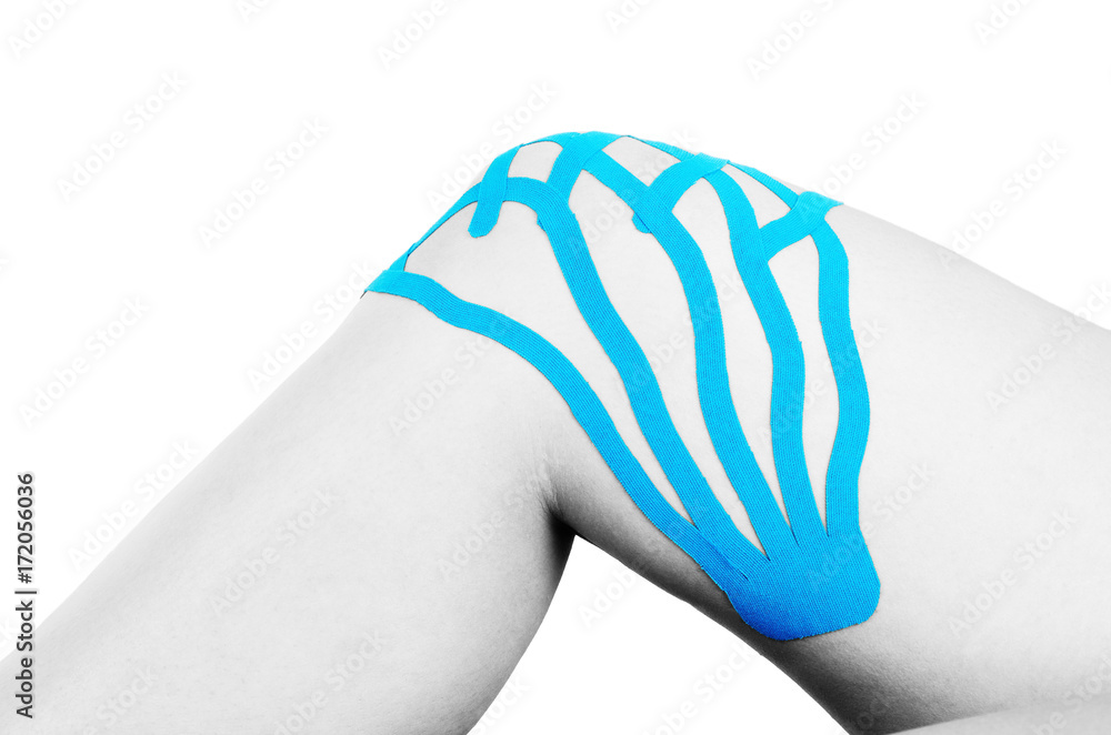 Lymphatic knee technique, two fan strips. Kinesiology Tape in silhouette isolated on white background, color and black and white Lymphatic knee technique, two fan strips. Kinesiology Tape in silhouette isolated on white background, color and black and white
