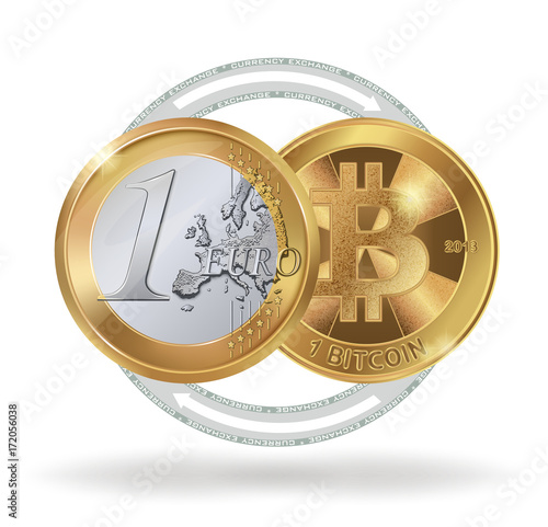 Image of 1 Euro coin and 1 bitcoin as a symbol of exchange cryptocurrency. Digital currency exchange. Stock vector illustration.