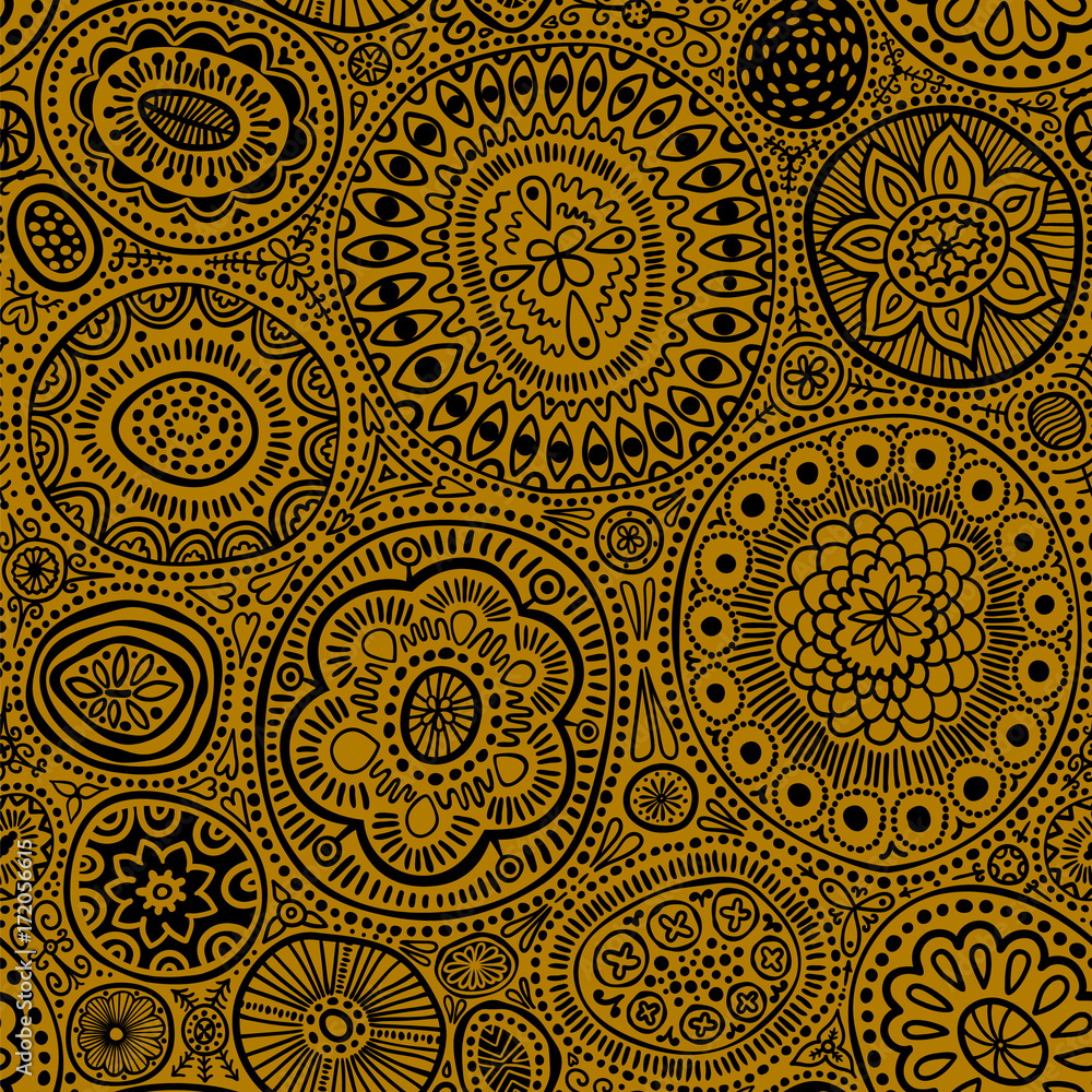 Seamless pattern. Seamless botanic texture, detailed dots and circles illustrations. Ethnic pattern in doodle style, summer floral background. All elements are not cropped and hidden under mask. Black Seamless pattern. Seamless botanic texture, detailed dots and circles illustrations. Ethnic pattern in doodle style, summer floral background. All elements are not cropped and hidden under mask. Black