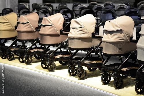 Many prams in line on a strollers store