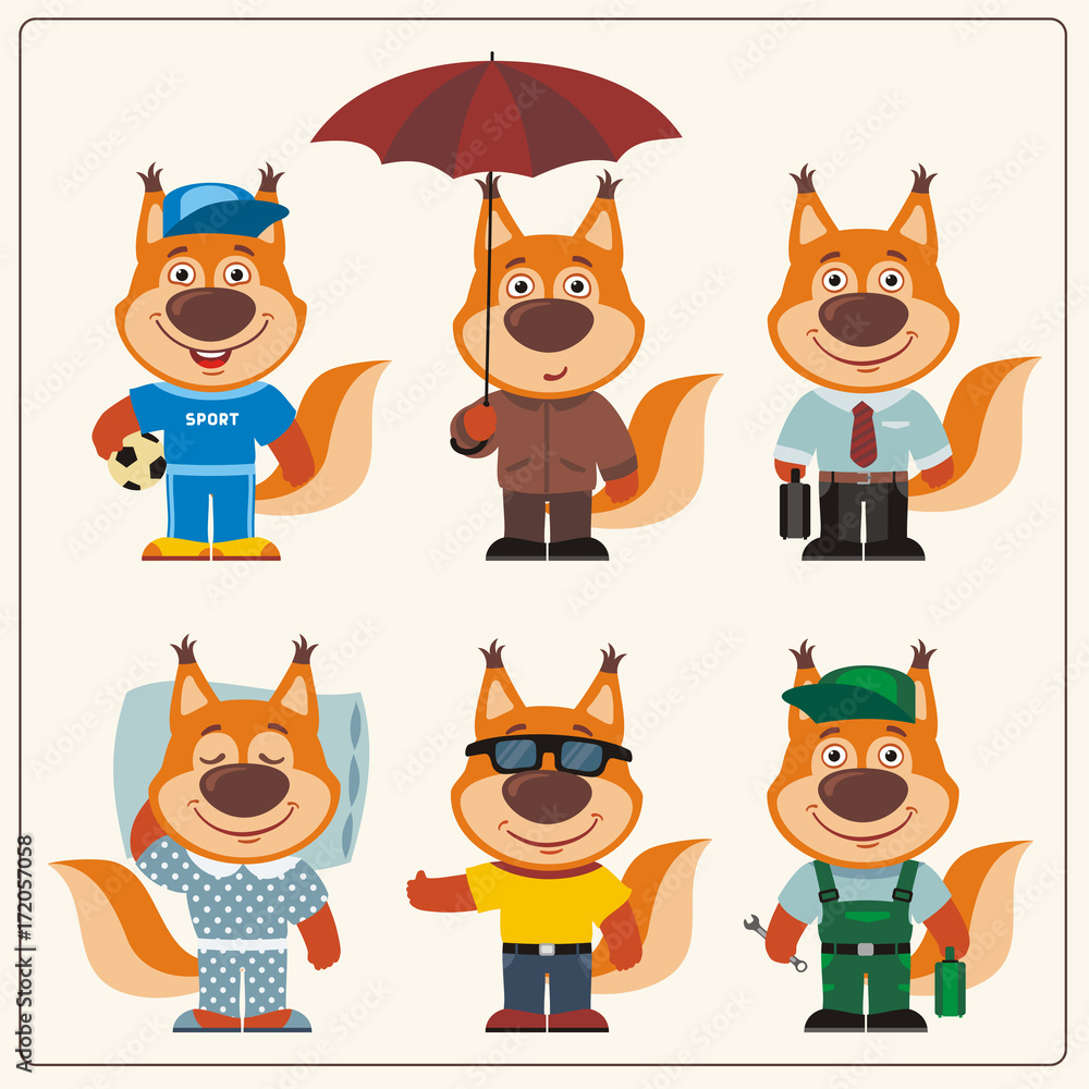 Collection isolated squirrel in clothing in cartoon style. Set funny Squirrel in different clothing: sportsman, worker, manager, summer, autumn, sleepwear. Collection isolated squirrel in clothing in cartoon style. Set funny Squirrel in different clothing: sportsman, worker, manager, summer, autumn, sleepwear.