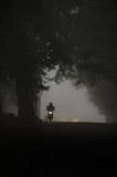 Moped with lights on driving in the fog