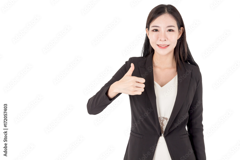 Business woman show thumb up isolated white background Business woman show thumb up isolated white background