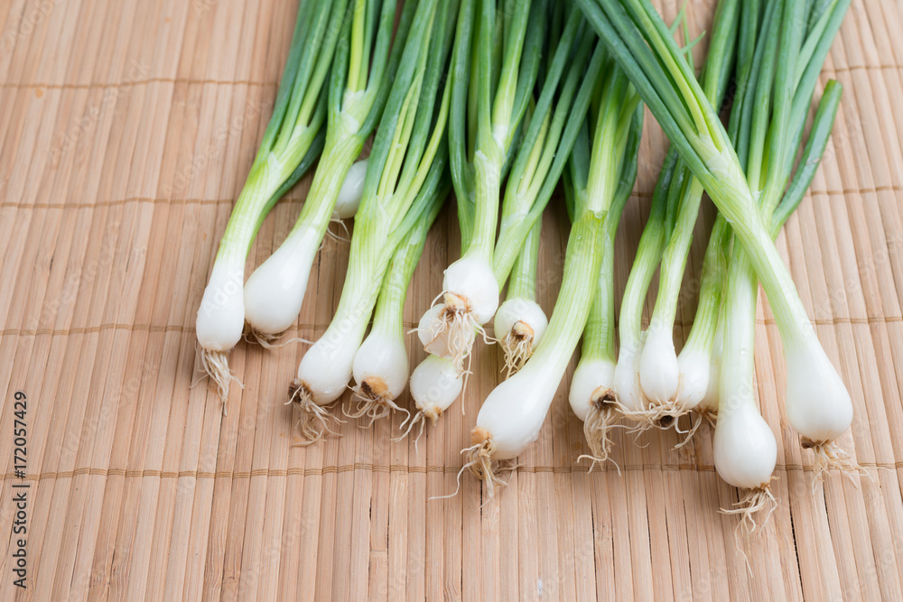 Pile of fresh spring onion on wood table Pile of fresh spring onion on wood table