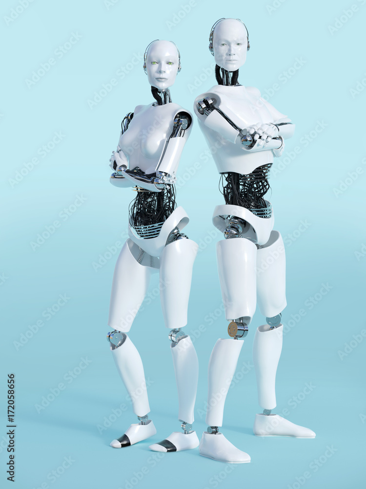 3D rendering of male and female robot nr 2. 3D rendering of male and female robot nr 2.