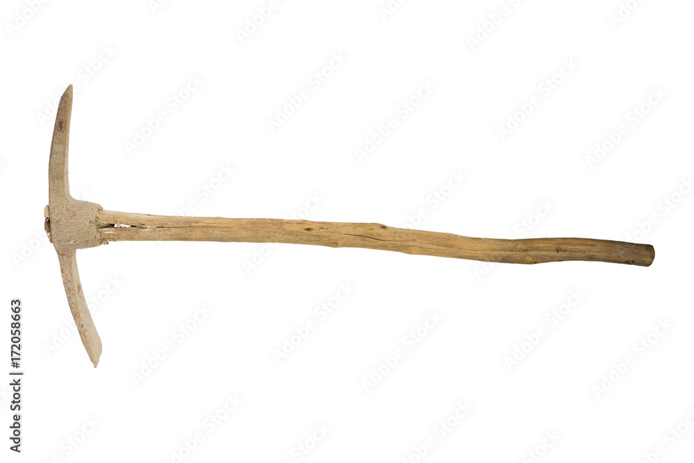 Old pick axe isolated on white background, old hoe Old pick axe isolated on white background, old hoe