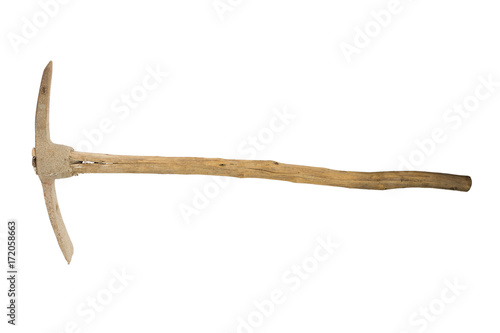 Old pick axe isolated on white background, old hoe