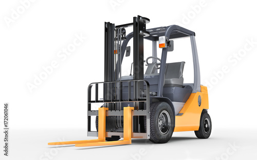 3d rendering forklift truck on white background. Front side view. Bottom view