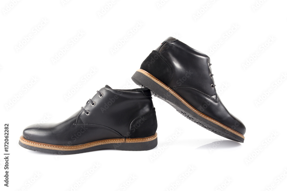 Male Black Leather Boot on White Background, Isolated Product. Male Black Leather Boot on White Background, Isolated Product.