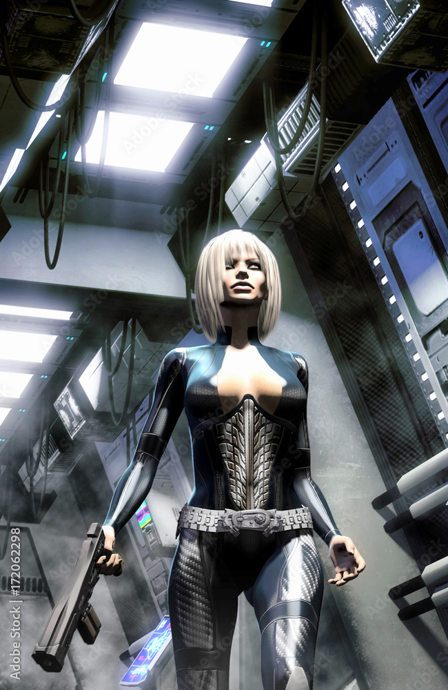 Futuristic woman in spaceship corridor Futuristic woman in spaceship corridor