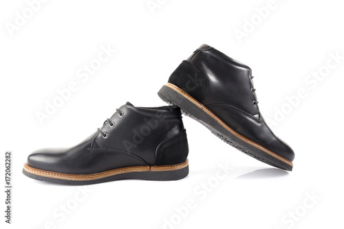 Male Black Leather Boot on White Background, Isolated Product.