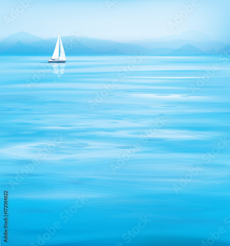 Vector blue sea  and yacht, mountains  background.