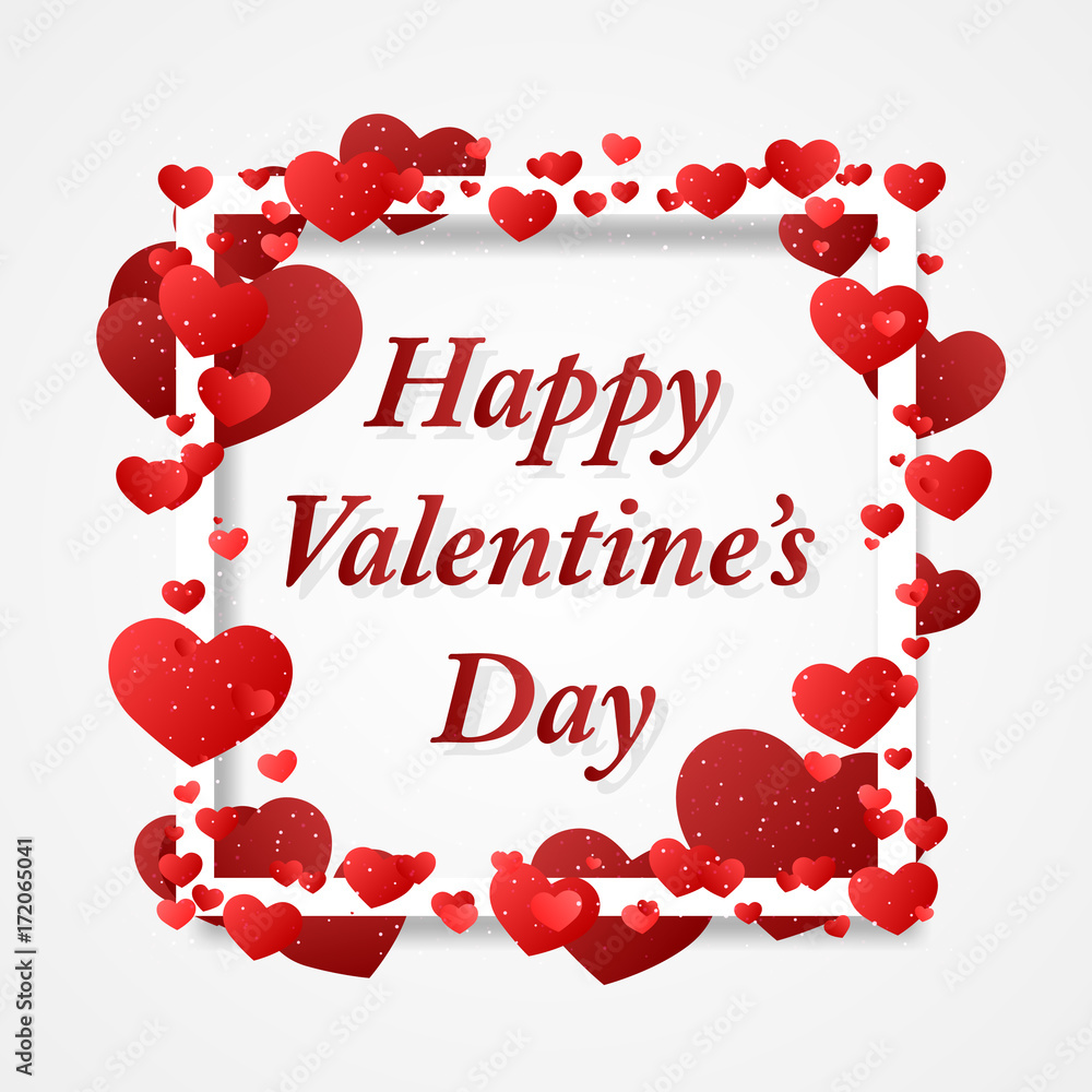 Happy Valentins Day greeting in a white frame on red background. Vector illustration.