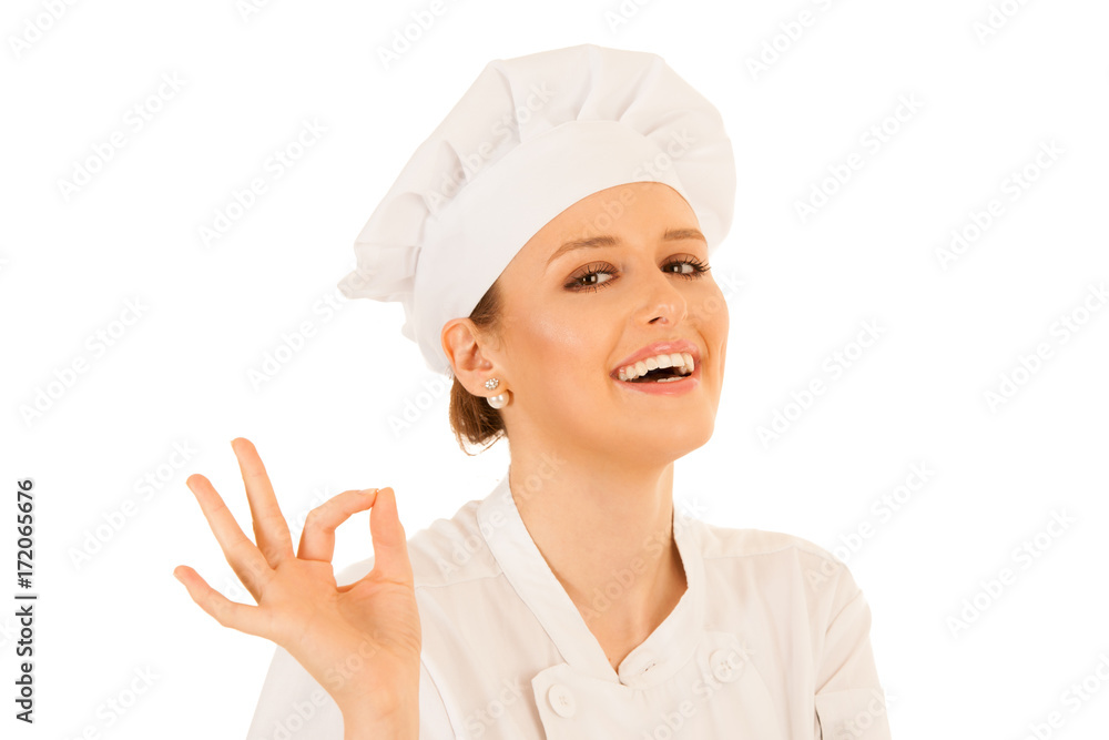 Beautiful young chef woman gestures excelent isolated over white background Beautiful young chef woman gestures excelent isolated over white background