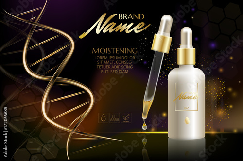 Advertising poster for cosmetic product for catalog, magazine. Vector design of cosmetic package. Natural oil with vitamins or hyaluronic acid. Vector illustration with isolated objects