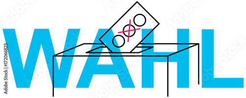 Illustration zur Wahl: Wahlurne mit Stimmzettel und Kreuz, blaue Schrift auf weißem Grund