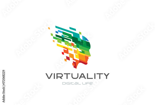 Pixel Head Mind Logo vector. Virtual reality Life brain icon