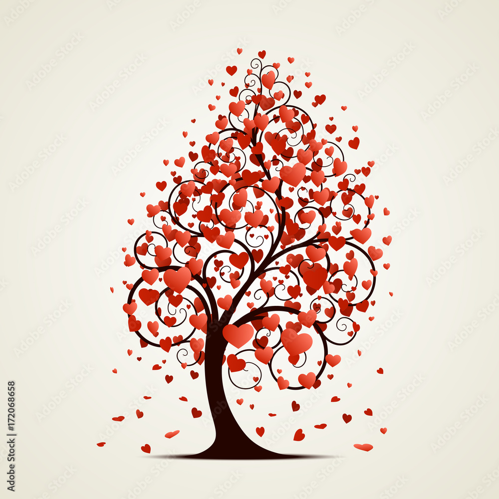 A black tree with red hearts instead of leaves on a white background. Vector illustration.