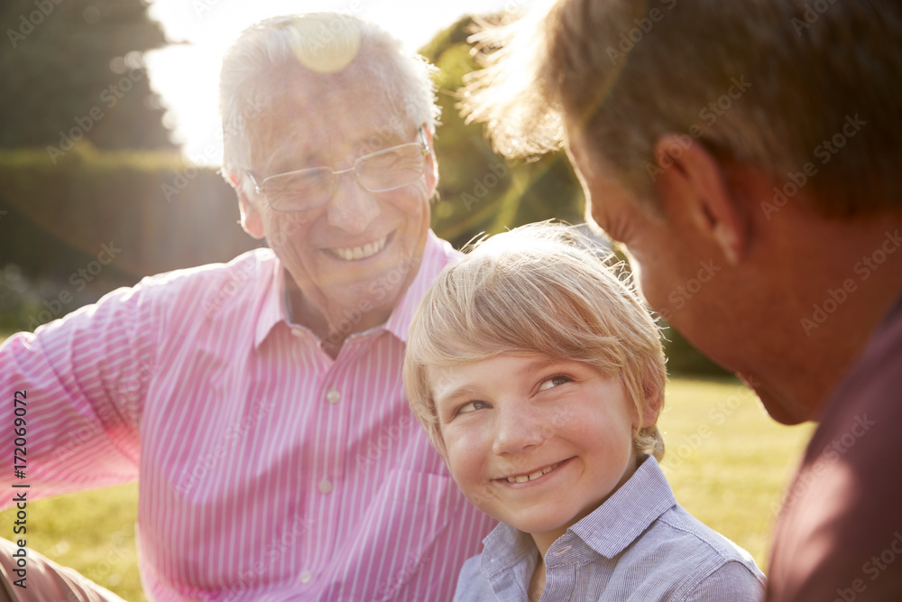 Three male generations of a family sitting in a garden Three male generations of a family sitting in a garden