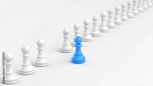 Leadership concept  blue pawn of chess  standing out from the crowd of white pawns  on white background. 3D rendering.