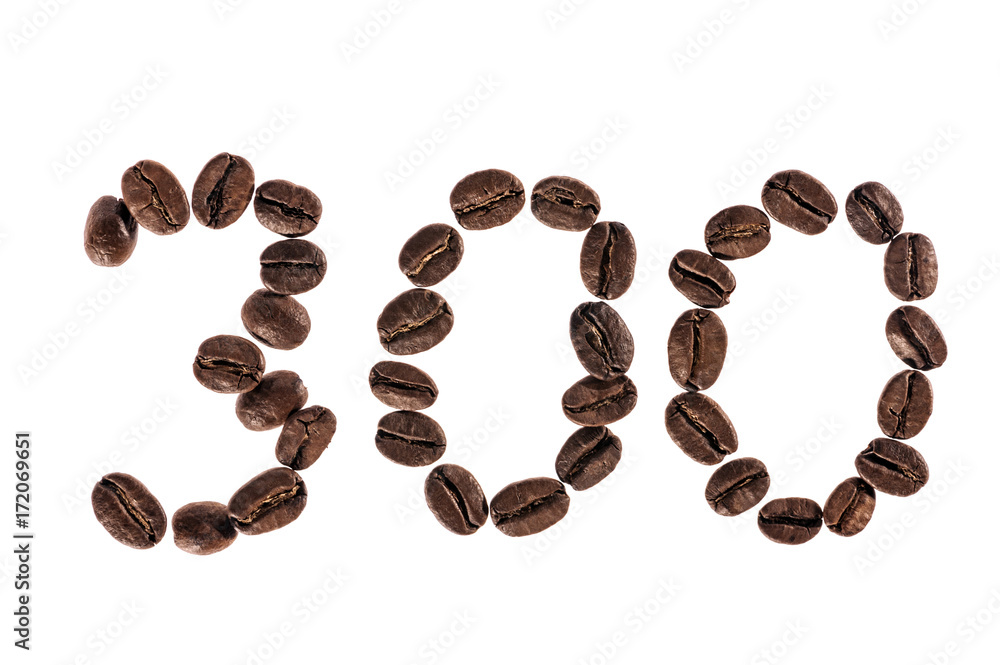 Number 300 from Coffee beans. Isolated on a white background. Number 300 from Coffee beans. Isolated on a white background.