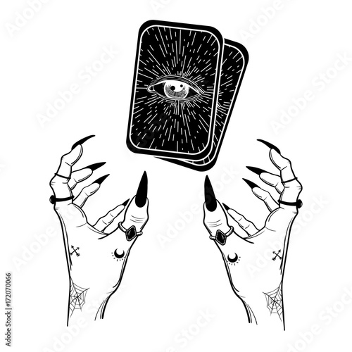Witch hands with black nails, rings, with magic cards. Boho style.