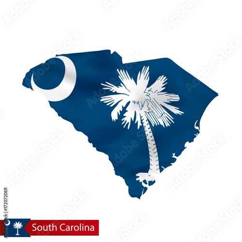 South Carolina state map with waving flag of US State.