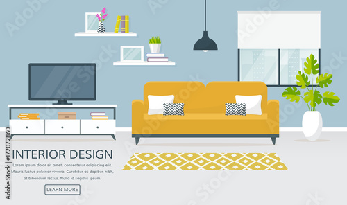 Interior of the living room. Vector banner.