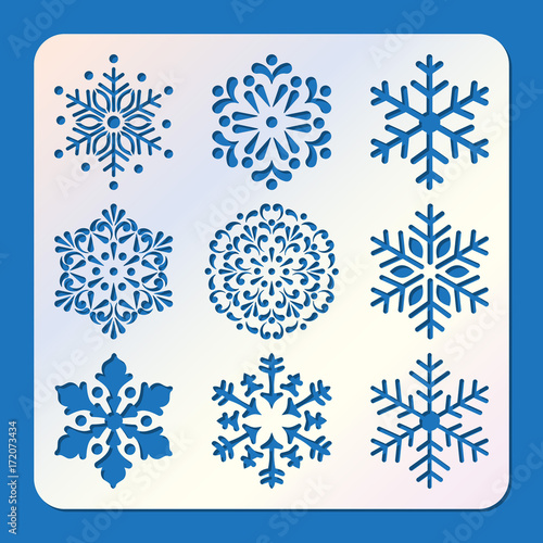 Stencil of snowflakes, laser cutting template. Pattern for decorative panel. Ornament background for Christmas and New Year greeting cards.