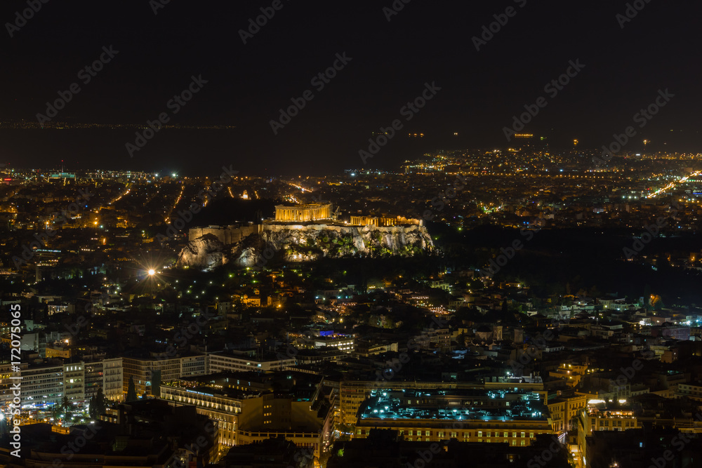 View of the Acropolis and the skyline of Athens at night