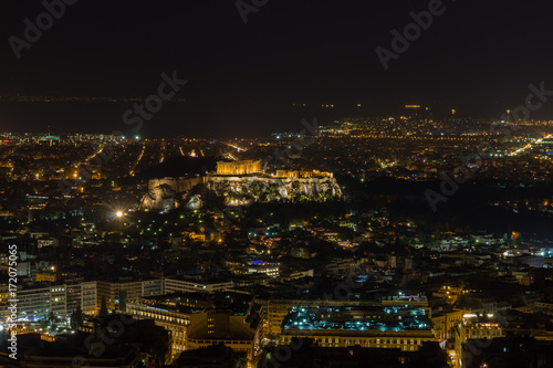 View of the Acropolis and the skyline of Athens at night